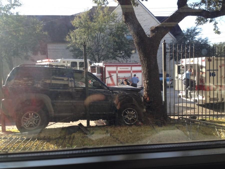 Senior Jay Bhandari witnessed the accident from Douglas Sharp’s Statistics class on the first floor of Mewbourne. A temporary fence has been installed to replace the ones knocked down by the car.