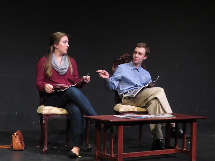 Senior Ellie Roberts and sophomore Alex Osypov play psychiatric patients in a waiting room in Please Have a Seat. 