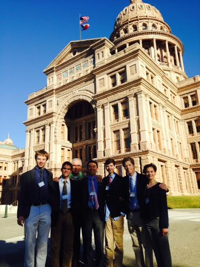 JSA members pose in front of the Texas Capitol in Austin alongside faculty chaperone Wendall Zartman.