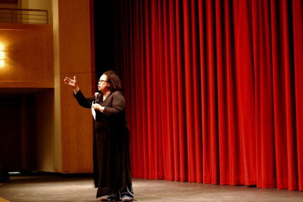 Julie Lythcott-Haims speaks passionately in an Upper School assembly.