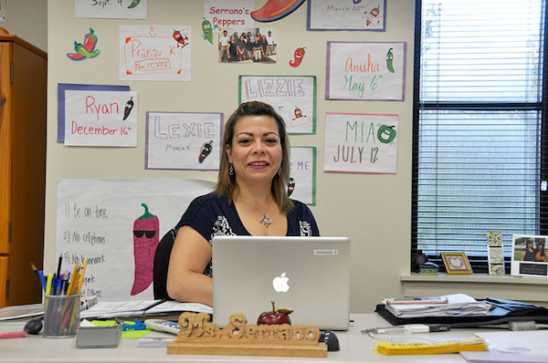 New Spanish teacher Margarita Serrano waits for her next class.