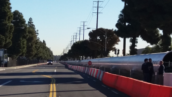 Shown is the mile-long vacuum tube in which pods travel. Although Hyperlift was not able to test their pod in the tube, they were able to run their pod on an outdoor track.