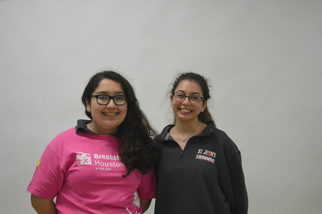 Sophomore Jackie Ferrufino and freshman Marcela Madrid, both former Breakthrough students, now teach lower income students for the same program.