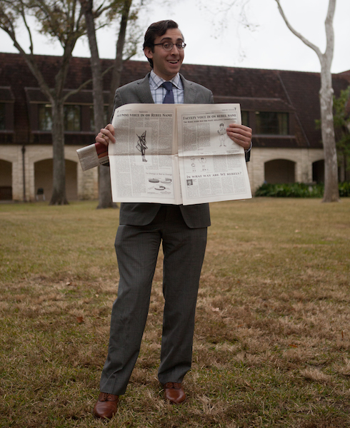 Evan Mintz (04) displays his cartoon in a 2003 issue of the Review.