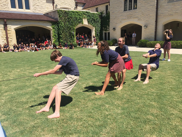 Freshmen face off against sophomores in tug-of-war during the Second Baptist pep rally. 