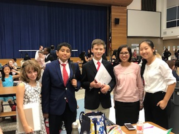 Left to right: Katya Bigman, Adam Moinuddeen, Nelson Mathis, Ananya Das, Adele Wan, Arjun Maitra (not pictured) and Olivia McCarty (not pictured) competed at the Klein Oak Junior High School Forensic Tournament.