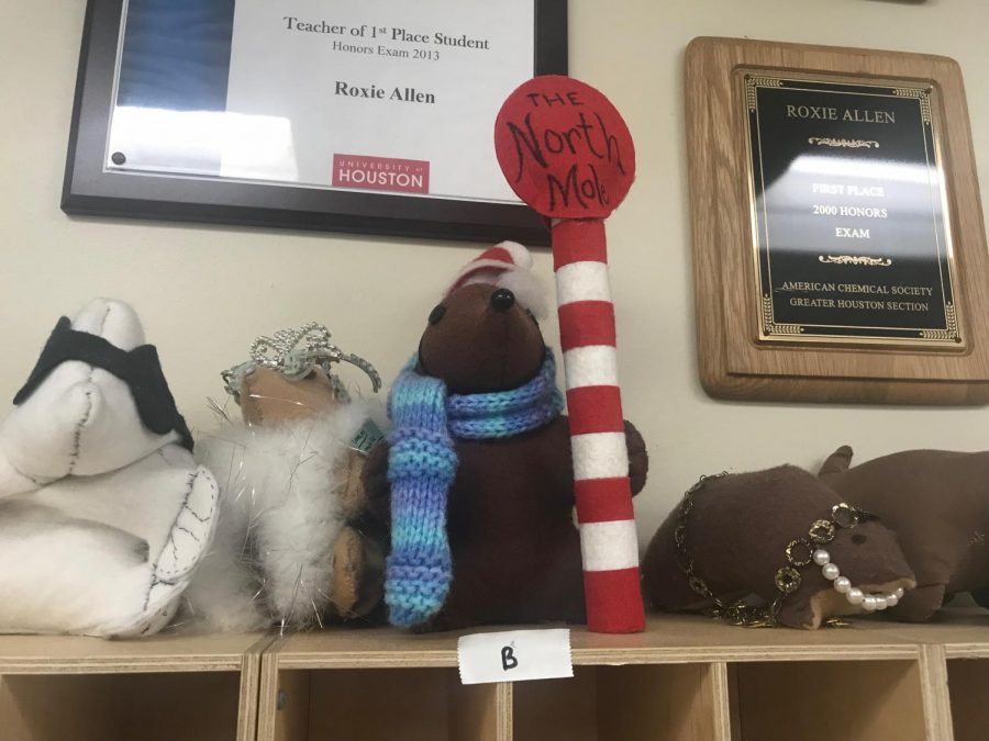 Student-made moles adorn the shelves and walls of Dr. Jafrys chemistry classroom. 