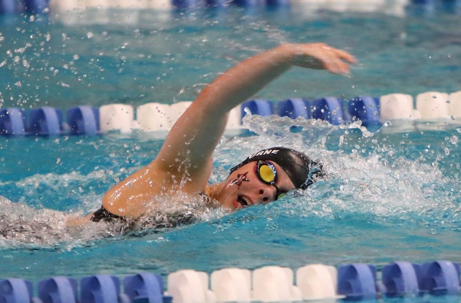 Junior captain Katie Shelburne swims the 500-yard freestyle, breaking the school record for the event.