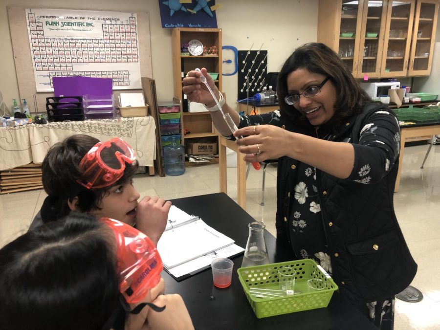 Mathur demonstrates the procedure for a strawberry DNA lab to her freshman class.