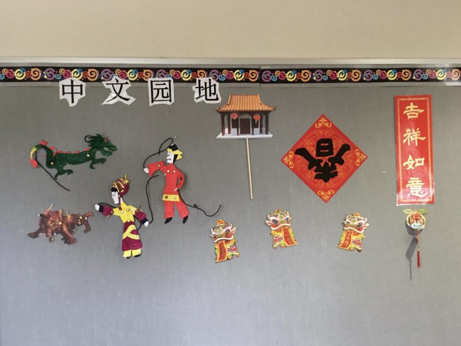 Traditional+shadow+puppets+and+other+decorations+line+the+wall+outside+Chinese+teacher+Jing+Nan+Gea%E2%80%99s+classroom+for+the+Lunar+New+Year.