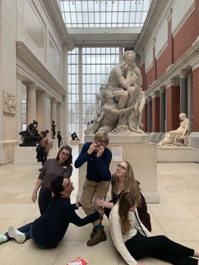 Lucy Curtis, Gray Watson, Eli Maierson, Morgan Self (all 19) and Katherine Matthews-Ederington (20) mimick a statue behind them in the Met.