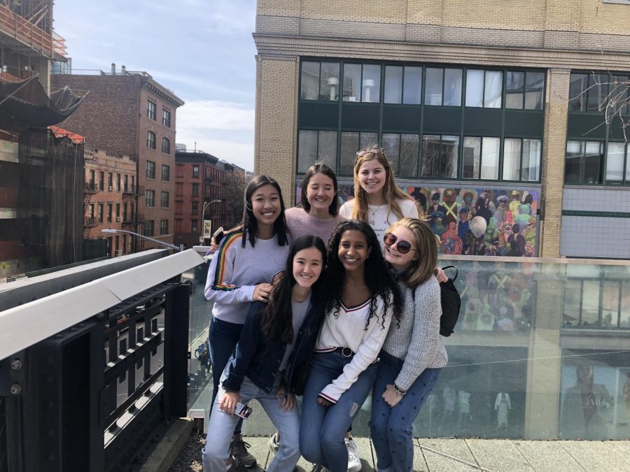 Sophia Huynh, Catherine Gorman, Emma Britton, Margaret Gorman, Warda Mohamed and Katherine Granberry (all 19) take in New York from the highline outside of the Whitney Museum.
