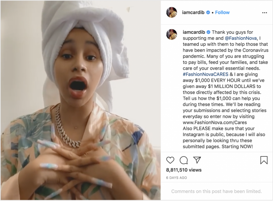 American rapper Cardi B. has teamed up with Fashion Nova to donate $1,000 every hour until they have given away one million dollars to individuals impacted by COVID-19.
