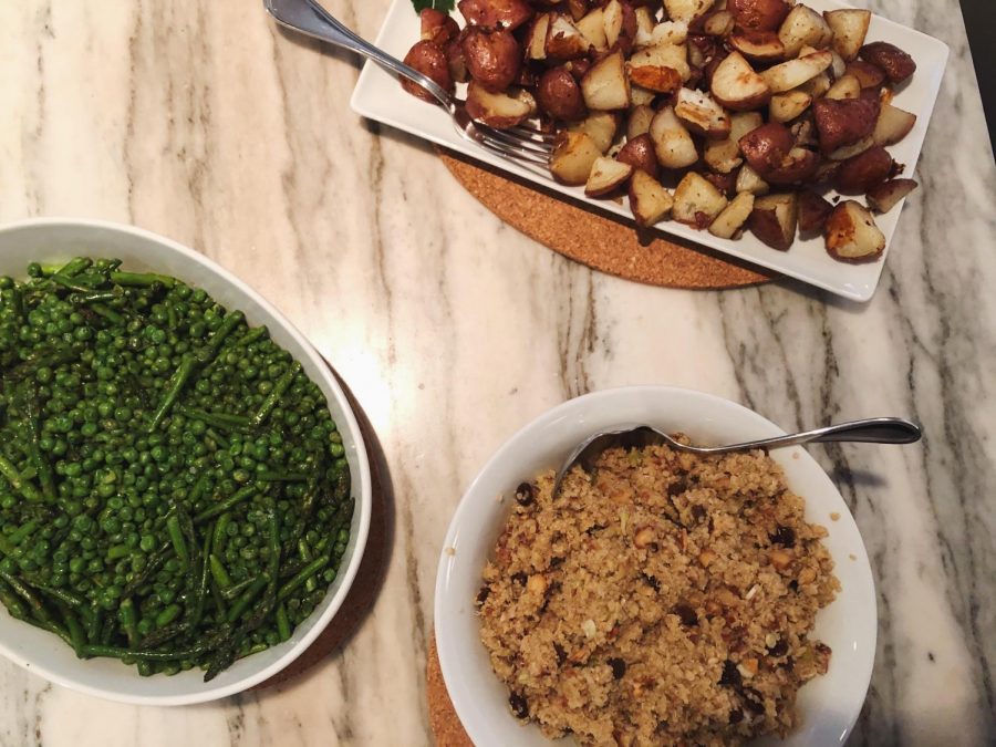 The Maierson family prepared a multitude of side dishes such as potatoes and peas for Passover dinner.