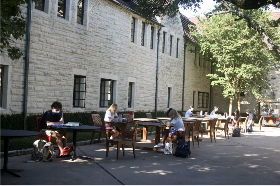 Tables and chairs around campus are arranged to allow for social distancing.
