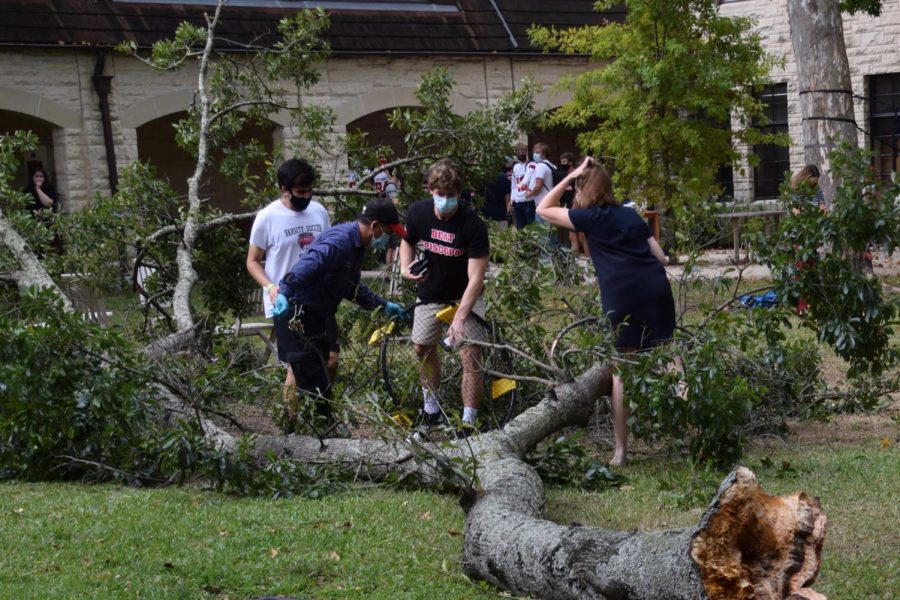 Seniors Michael Daichman and Nicolas Munoz retrieve their phones from beneath a Spikeball net, which had been straddled by the falling branch. The students had left their phones under the net during their game earlier that afternoon.