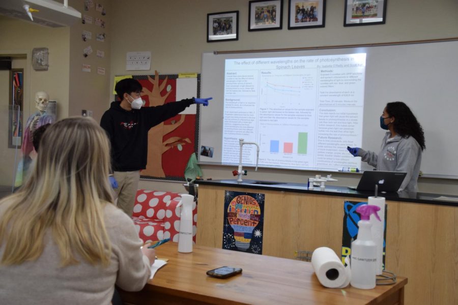 Seniors Scott Koh and Isabella OReilly give a presentation on their photosynthetic rates lab in AP Biology.