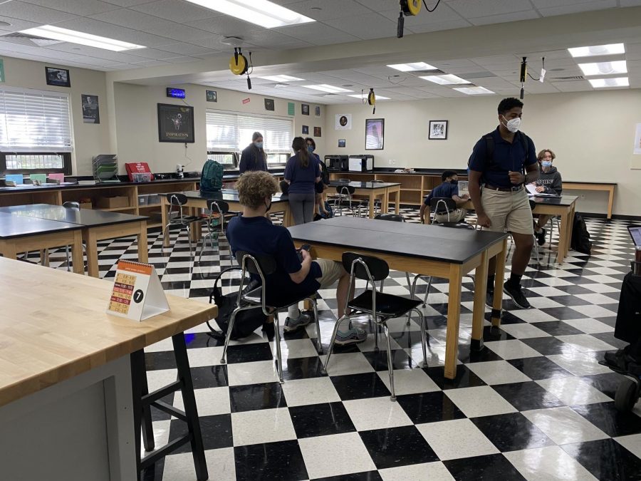 Students enjoy the new physics classroom, which was designed over the summer.