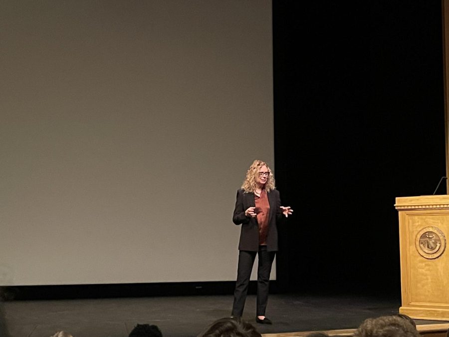 Psychologist Catherine Steiner-Adair gives a presentation during an assembly in Lowe Theater.