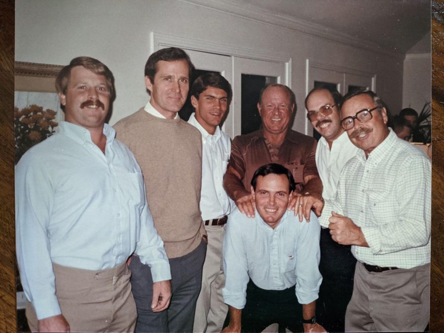 Former Head of School Jim Maggart poses with colleagues, including Richie Mercado, Stobie Whitmore and Skip Lee, at a faculty reception in the mid-1980s.