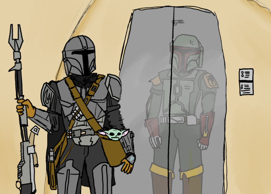 Drawn by freshman Lucy Walker, this illustration shows the Mandalorian facing Boba Fett.