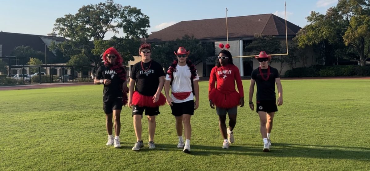 Football captains Michael Murphy, Peter McGarry, Stephen Gill, Cole Allen and Barrett Mossman showed up in all red and black, bringing their Maverick spirit to the Kinkaid video and the football field.