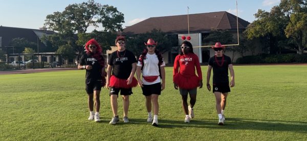 Football captains Michael Murphy, Peter McGarry, Stephen Gill, Cole Allen and Barrett Mossman showed up in all red and black, bringing their Maverick spirit to the Kinkaid video and the football field.