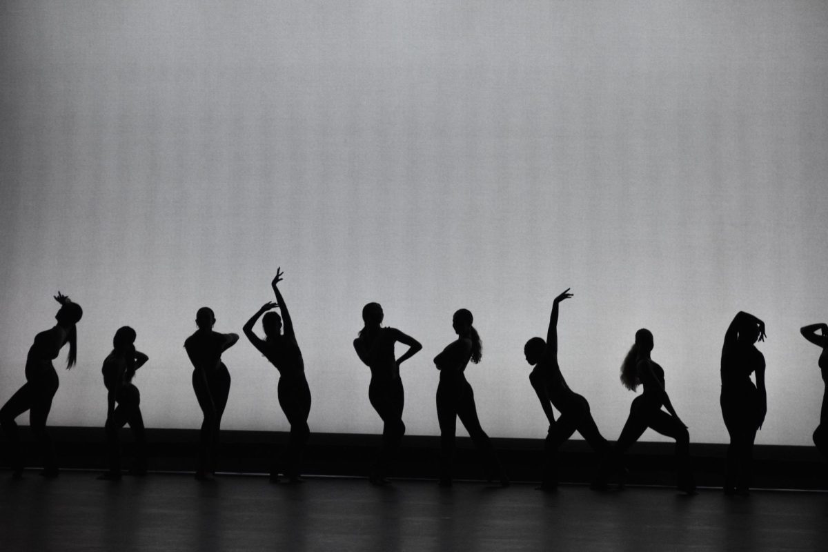 The audience cheers as the dancers in senior Addy McKenneys Feeling Good finish their performance with a striking silhouette.