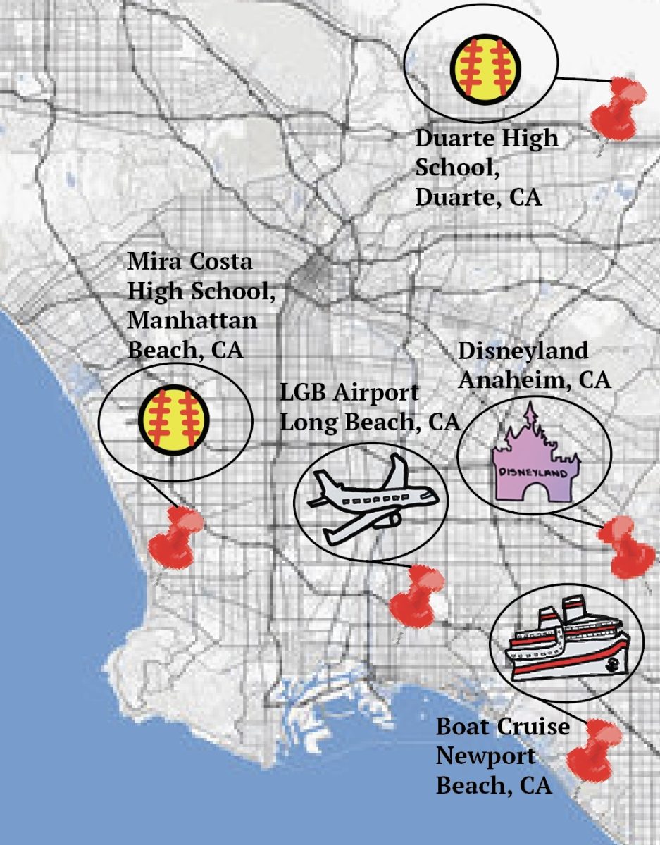 Softball+travels+to+Los+Angeles%2C+visiting+Disney+Land+and+more.+Graphic+Design+by+staffer+Ella+Hughes.+