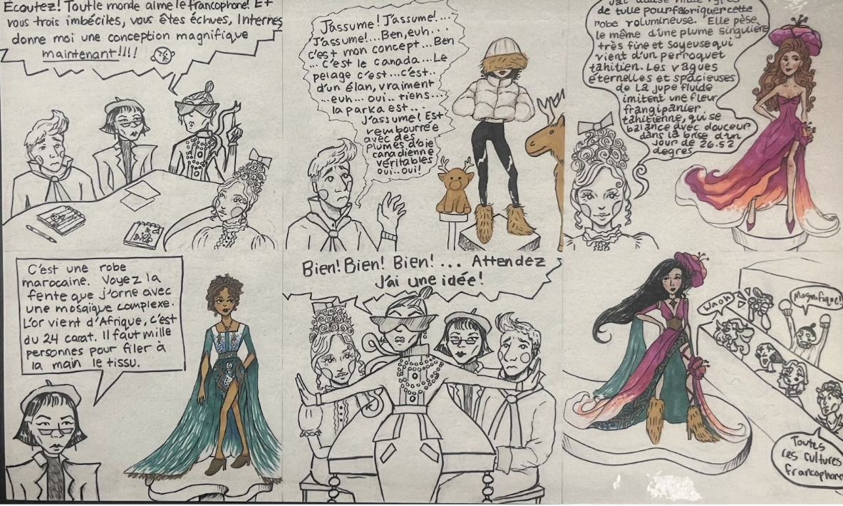 Sophomore Sarah Clark and Caroline Harvey win first place for their witty comic strip that celebrates "la mode francophone".