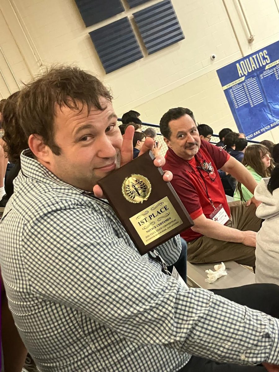 David Frauenfelder and Zachary Flowerman beam in pride at the middle school Certamen team's state championship. Courtesy of  Zachary Flowerman