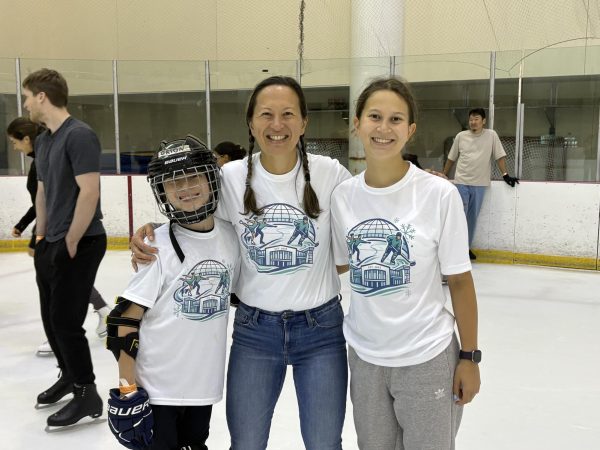 The Good family's spring and summer has been filled with the campaign to Save Memorial Ice Rink. Eliska Good (right), her mother and her brother all skated wearing shirts that Good's mother made to protest the rink's closure. Courtesy of Eliska Good.